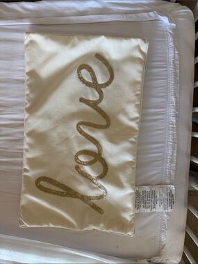 Cream Satin 'love' Decorative Pillow Cover with Gold Script
